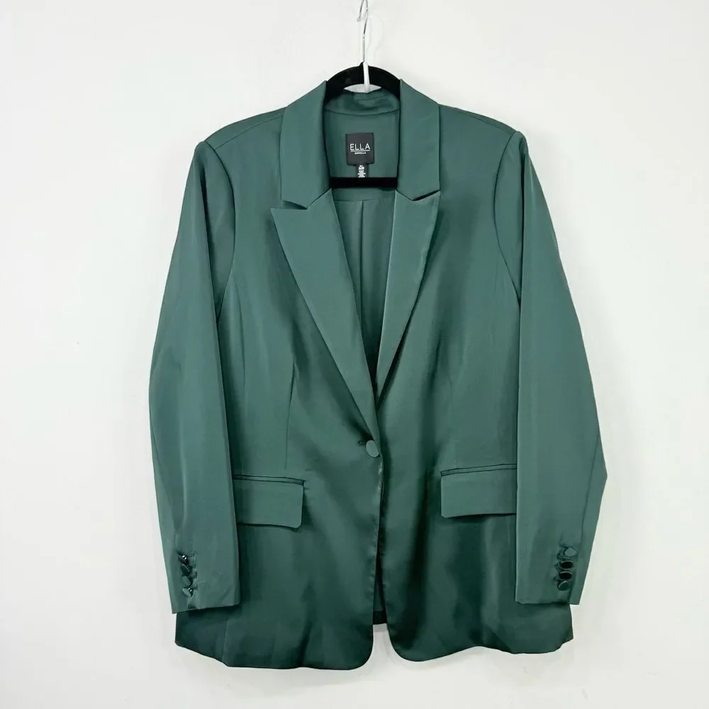 Ella Dark Green Satiny Single Button Career Holiday Casual Blazer